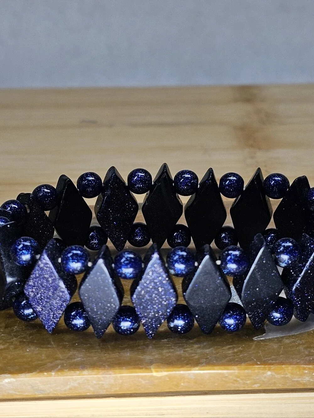 Midnight-Blue Goldstone Sparkling Gemstone Stretch Bracelet Vintage